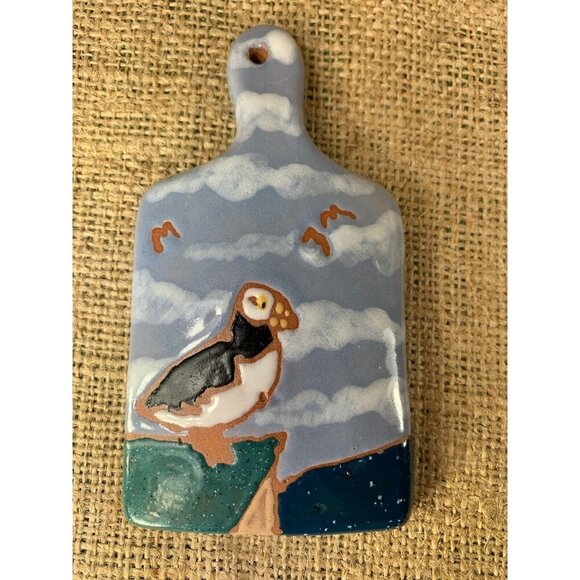 PEI Pottery Mini Ceramic Cutting Board Decor Puffin and Boat Carr's Pottery - Picture 5 of 8